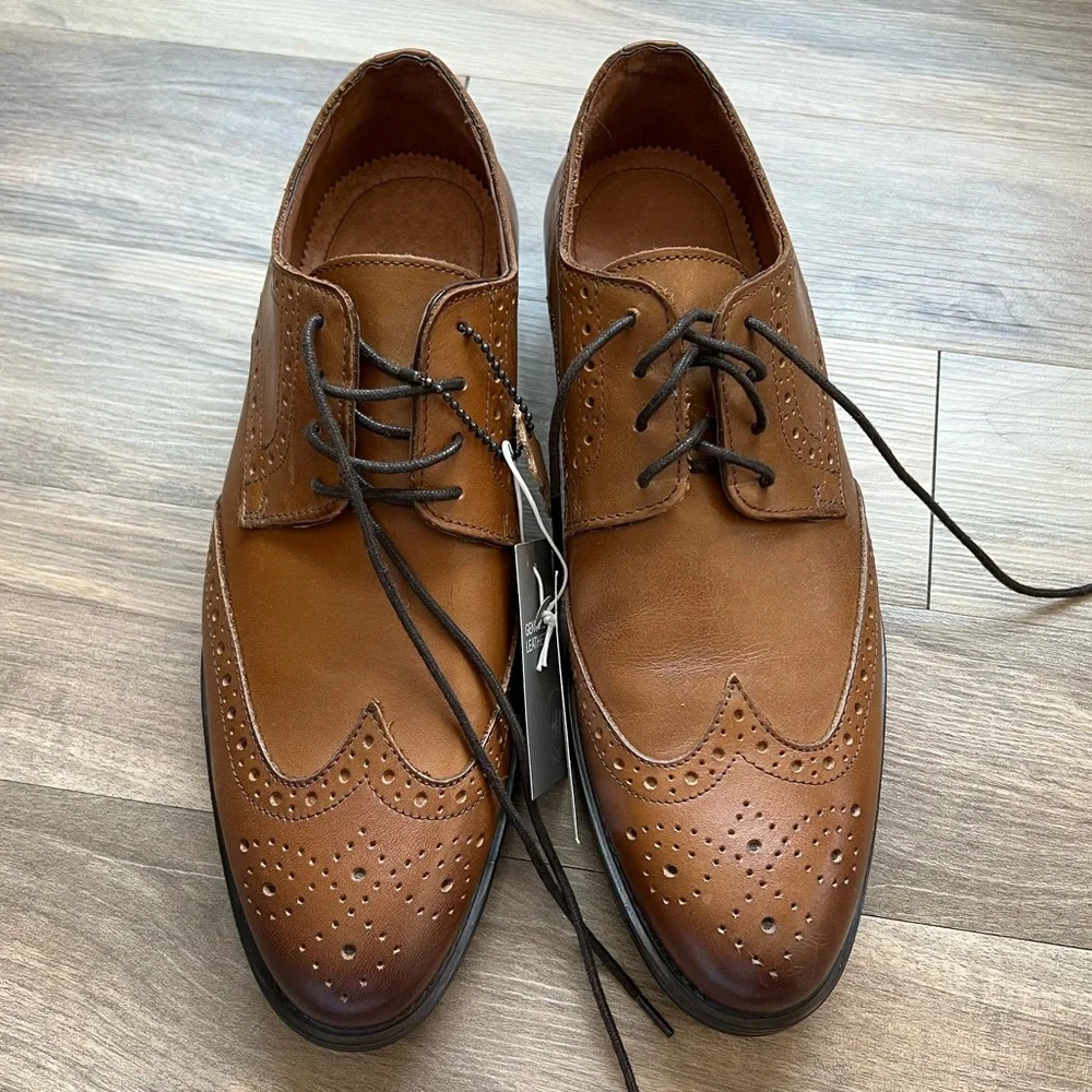 NWT H&M Real Leather Men’s Dress Shoes Size 42 EU Men’s 9 Cognac Brown Lace Up - Picture 6 of 8